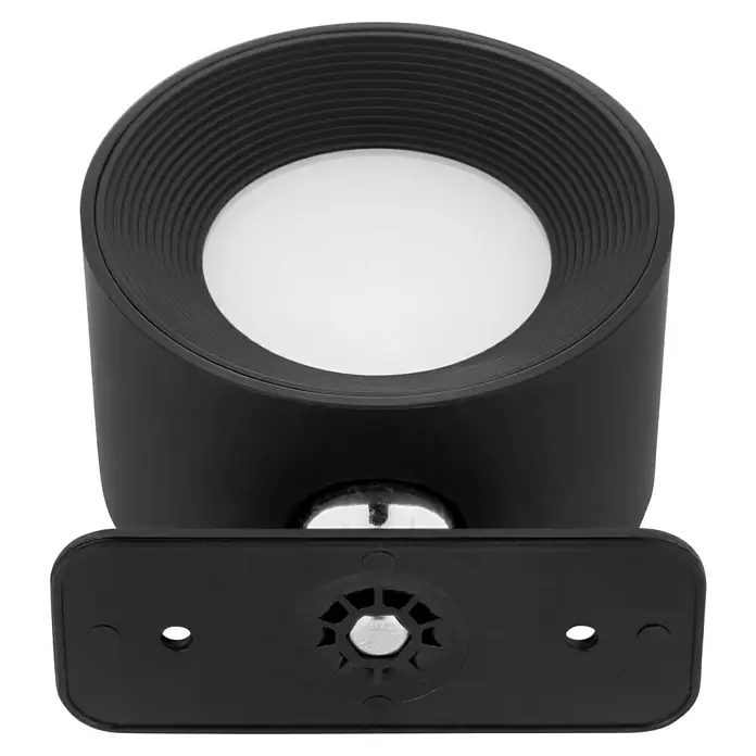 Lavida Akku-Wandleuchte Novara - L x B x H: 9,25 x 7,6 x 4,5 cm, 2 W, Schwarz, Mehrfarbig, Rund - Nahaufnahme einer schwarzen Innenraumleuchte mit einem runden, weißen Lichtelement und einer rechteckigen Montagebasis.
