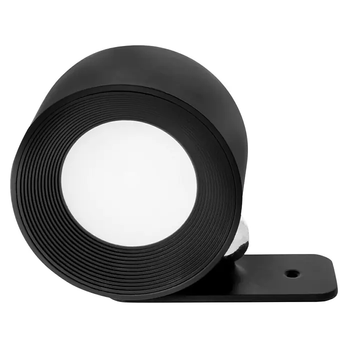 Lavida Akku-Wandleuchte Novara - L x B x H: 9,25 x 7,6 x 4,5 cm, 2 W, Schwarz, Mehrfarbig, Rund - Nahaufnahme einer modernen schwarzen Wandleuchte mit kreisförmigem Design und hellem Licht.