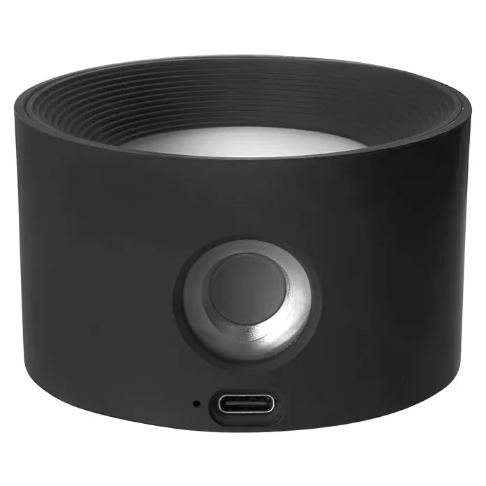 Lavida Akku-Wandleuchte Novara - L x B x H: 9,25 x 7,6 x 4,5 cm, 2 W, Schwarz, Mehrfarbig, Rund - Nahaufnahme eines zylindrischen, schwarzen Luftbefeuchters mit einem Knopf und einem USB-C-Anschluss.