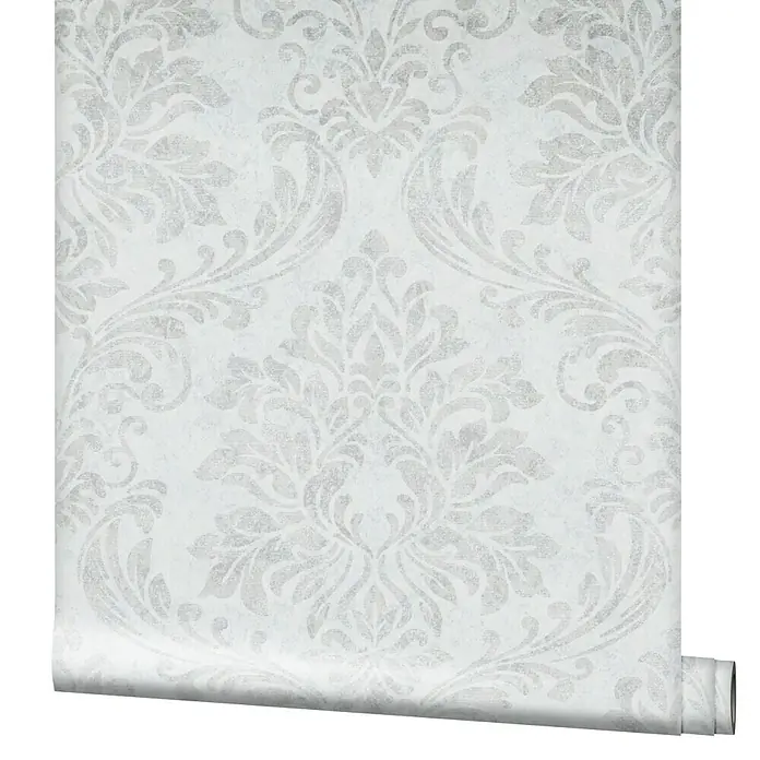 Marburg GZSZ Vliestapete - Grau, Ornament, 10,05 x 0,53 m - Nahaufnahme einer Rolle Damast-Tapete in Silber und Weiß, die ein elegantes, klassisches Muster aufweist. Perfekt für stilvolle Innenräume.