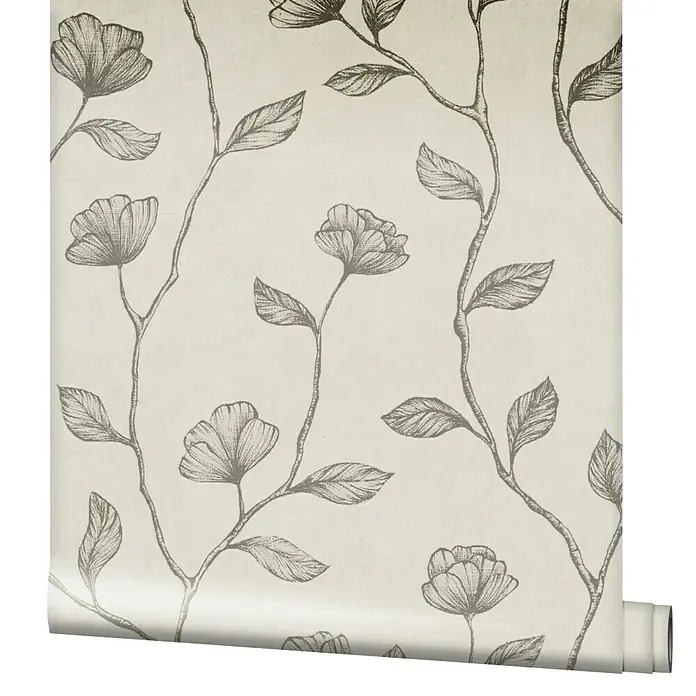 Marburg GZSZ Vliestapete Blumenranke - Beige/Gold, Floral, 10,05 x 0,53 m - Nahaufnahme einer Rolle Tapete mit zarten floralen Mustern, die eine elegante und stilvolle Atmosphäre schafft.