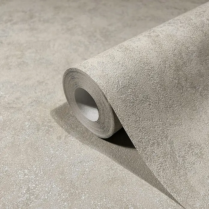 Marburg GZSZ Vliestapete - Shadow-Graubeige, Uni, 10,05 x 0,53 m - Nahaufnahme einer Rolle grauer strukturierten Tapete, die sich ideal für die Inneneinrichtung und Wandgestaltung eignet.