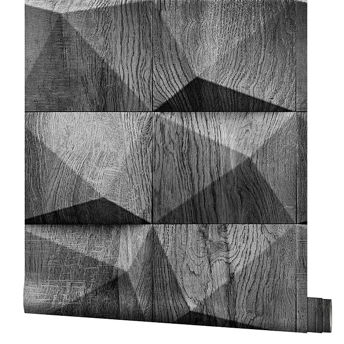 Marburg GZSZ Vliestapete Holzwand - Dunkelgrau, 3D-Optik, 10,05 x 0,53 m - Das Bild zeigt eine Nahaufnahme einer Holzpaneele mit einem dreidimensionalen geometrischen Muster, das ein einzigartiges Schattenspiel erzeugt.
