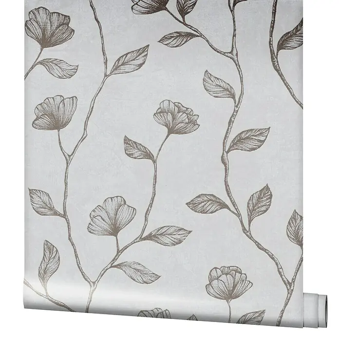 Marburg GZSZ Vliestapete Blumenranke - Grau/Bronze, Floral, 10,05 x 0,53 m - Nahaufnahme einer Rolle floral gemusterter Tapete mit blass-braunen Blumen und Blättern auf einem subtilen, strukturierten Hintergrund.