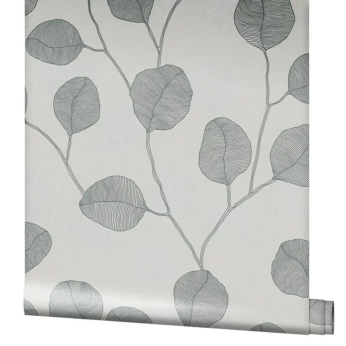 Marburg GZSZ Vliestapete Blätterranke - Grau/Schwarz/Weiß, Floral, 10,05 x 0,53 m - Eine Rolle elegant gemusterter Tapete mit stilisierten Blättern und Zweigen in Grau auf hellem Grund. Die Tapete sorgt für eine moderne und ruhige Atmosphäre.