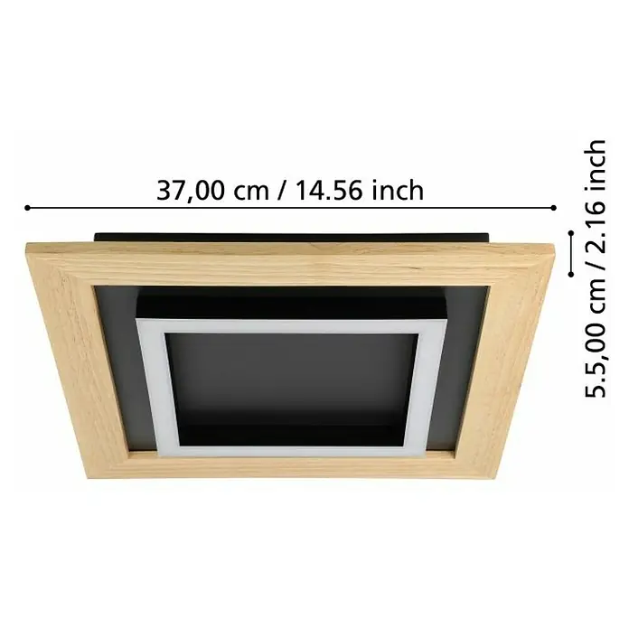 Eglo LED-Deckenleuchte Tirrenara - L x B x H: 37 x 37 x 5,5 cm, Dimmbar, Schwarz/Braun - Nahaufnahme einer modernen Deckenleuchte mit Holzrahmen und LED-Beleuchtung, Maße sind angegeben.