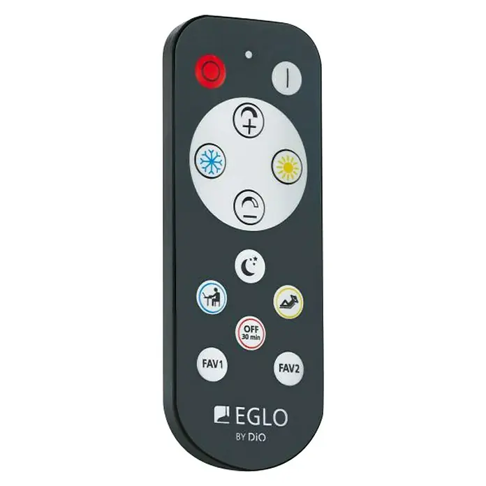 Eglo LED-Deckenleuchte Tirrenara - L x B x H: 37 x 37 x 5,5 cm, Dimmbar, Schwarz/Braun - Eine Nahaufnahme der EGLO-Fernbedienung zur Steuerung von Lichtmodi und Helligkeit, mit einem klaren und benutzerfreundlichen Design.