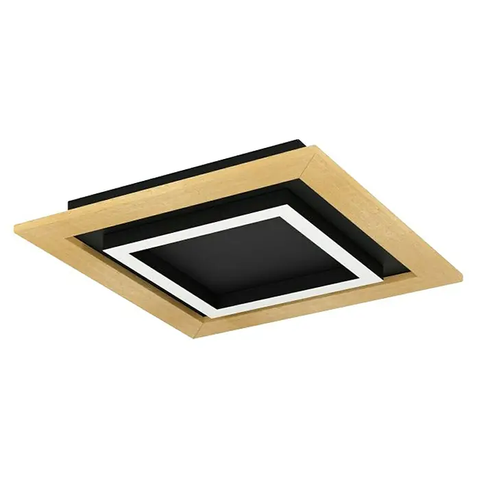 Eglo LED-Deckenleuchte Tirrenara - L x B x H: 37 x 37 x 5,5 cm, Dimmbar, Schwarz/Braun - Quadratische Deckenleuchte mit Holzrahmen und weißem Lichtelement, ideal für modernes Design.