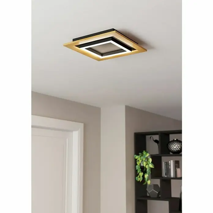 Eglo LED-Deckenleuchte Tirrenara - L x B x H: 37 x 37 x 5,5 cm, Dimmbar, Schwarz/Braun - Moderne Deckenleuchte mit quadratischem Design, das goldene und schwarze Elemente für ein stilvolles Ambiente kombiniert.