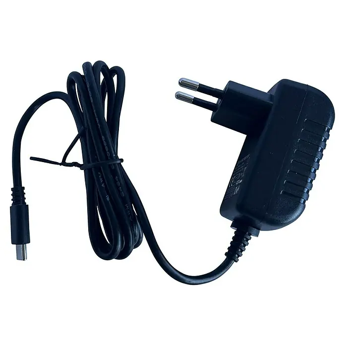 Malibu Ladegerät - Passend für: Malibu Poolsauger Akku - Nahaufnahme eines schwarzen Netzadapters mit USB-Kabel, ideal zum Aufladen elektronischer Geräte.