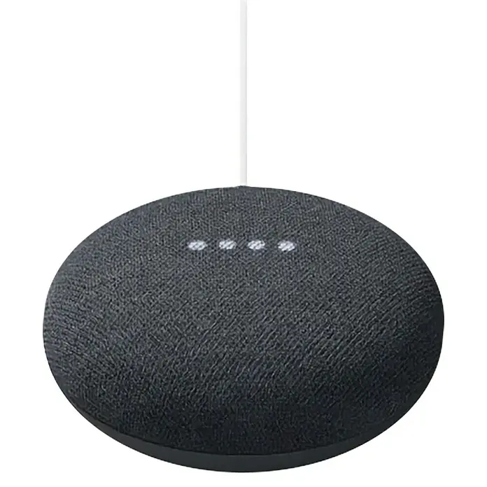 Google Nest Altavoz inteligente Home Mini - Funcionamiento en red, Blanco / Carbón - Esta imagen muestra un altavoz inteligente Google Nest Mini de color carbón. Es redondo y tiene cuatro luces LED en la parte superior.