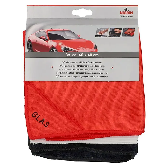Nigrin Performance Mikrofaser-Set - 3 -tlg. - Das Nigrin Performance Mikrofasertuch-Set mit drei Tüchern in Rot, Weiß und Schwarz zum Reinigen von Lack, Cockpit und Glas für eine optimale Pflege.