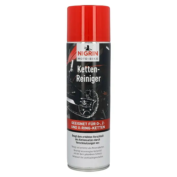 Nigrin Moto-Bike Kettenreiniger - 500 ml - Abbildung einer Nigrin Moto-Bike Kettenreiniger-Sprühdose mit roter Kappe und Produktinformationen.