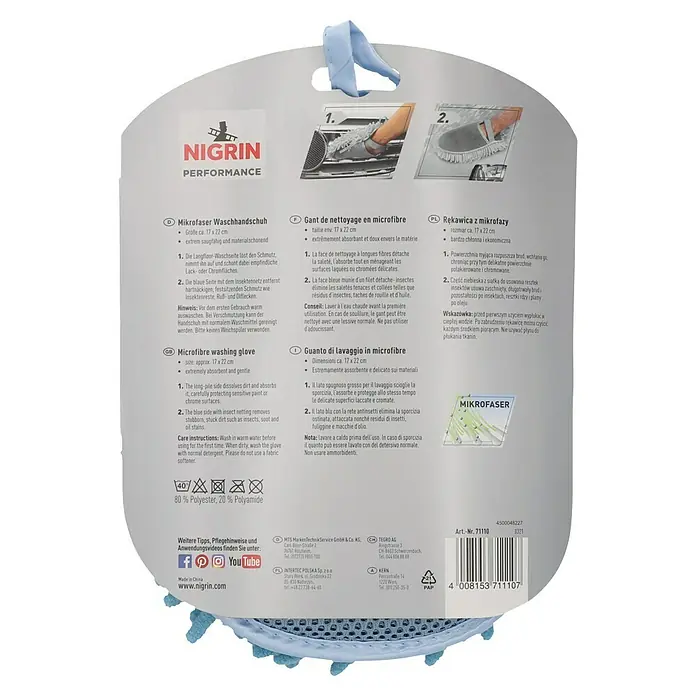 Nigrin Performance Mikrofaser-Waschhandschuh - 22 x 17 cm - Nigrin Mikrofaser Waschhandschuh Verpackung.