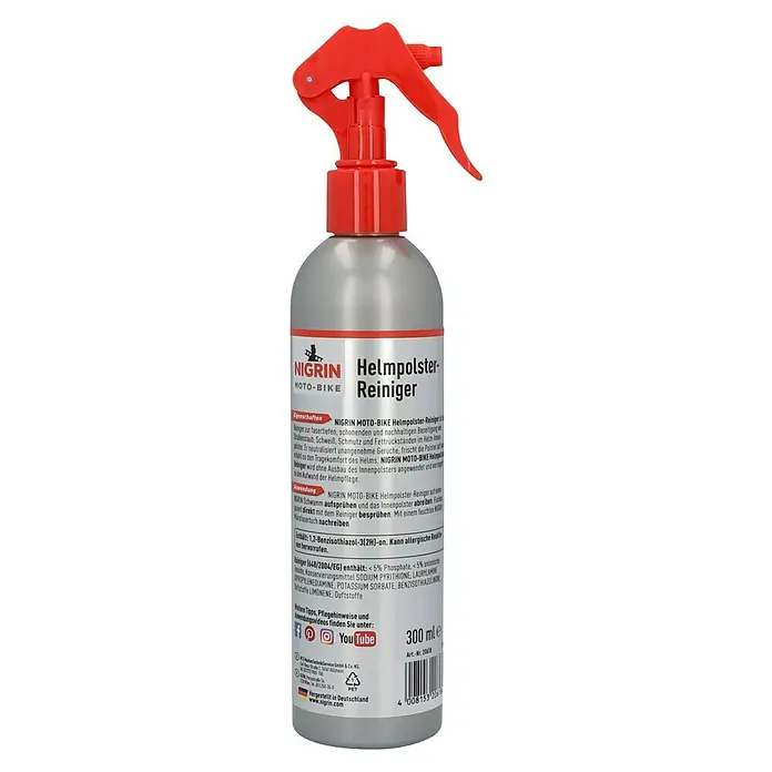 Nigrin Moto-Bike Reinigungsmittel - 300 ml, Geeignet für: Motorradhelme - NIGRIN Moto-Bike Helmpolster-Reiniger: Für die Tiefenreinigung von Helmpolstern, entfernt Schmutz und Gerüche.