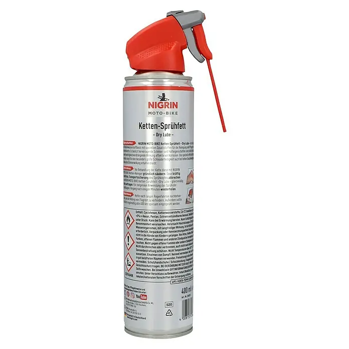 Nigrin Moto-Bike Ketten-Sprühfett Dry Lube - 400 ml - Sprühdose Nigrin Moto-Bike Kettensprühfett - Dry Lube. Ideal zur Reinigung und Pflege von Motorradketten, bietet Schutz vor Korrosion.