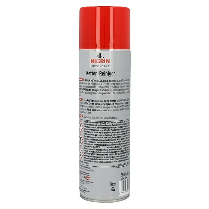 Nigrin Moto-Bike Kettenreiniger - 500 ml - Produktbild von Nigrin Moto-Bike Ketten-Reiniger. Spezialreiniger für Motorradketten, schützt vor Verschleiß und verbessert Laufeigenschaften.