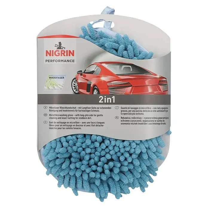 Nigrin Performance Mikrofaser-Waschhandschuh - 22 x 17 cm - Mikrofaser Waschhandschuh von Nigrin Performance mit einer Langfloor-Seite für sanfte Reinigung und Insektennetz für hartnäckigen Schmutz.