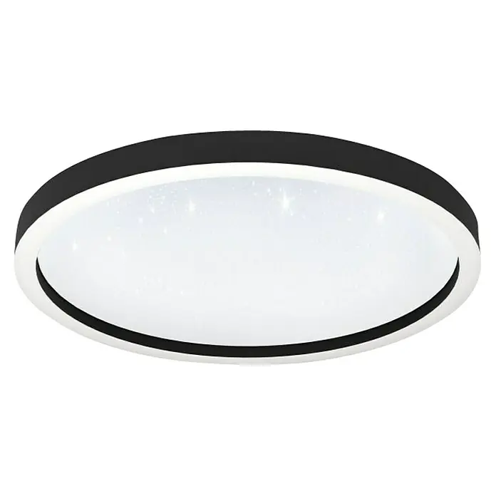 Eglo Smart-LED-Deckenleuchte rund Kristalleffekt - Ø x H: 57 x 7 cm, 34,5 W, RGBW, Schwarz - Nahaufnahme einer modernen, runden Deckenleuchte mit schwarzem Rand und weißem, sternenklarem Leuchtbereich.