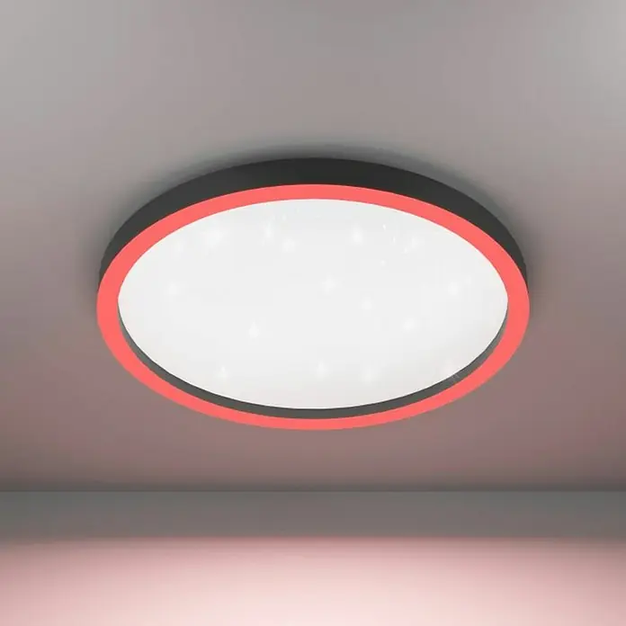 Eglo Smart-LED-Deckenleuchte rund Kristalleffekt - Ø x H: 57 x 7 cm, 34,5 W, RGBW, Schwarz - Deckenleuchte mit rotem Rand und Sterneneffekt für eine stimmungsvolle Beleuchtung im Raum.