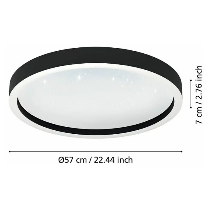 Eglo Smart-LED-Deckenleuchte rund Kristalleffekt - Ø x H: 57 x 7 cm, 34,5 W, RGBW, Schwarz - Abbildung einer runden Deckenleuchte mit den Maßen Ø57 cm / 22.44 inch und 7 cm / 2.76 inch.