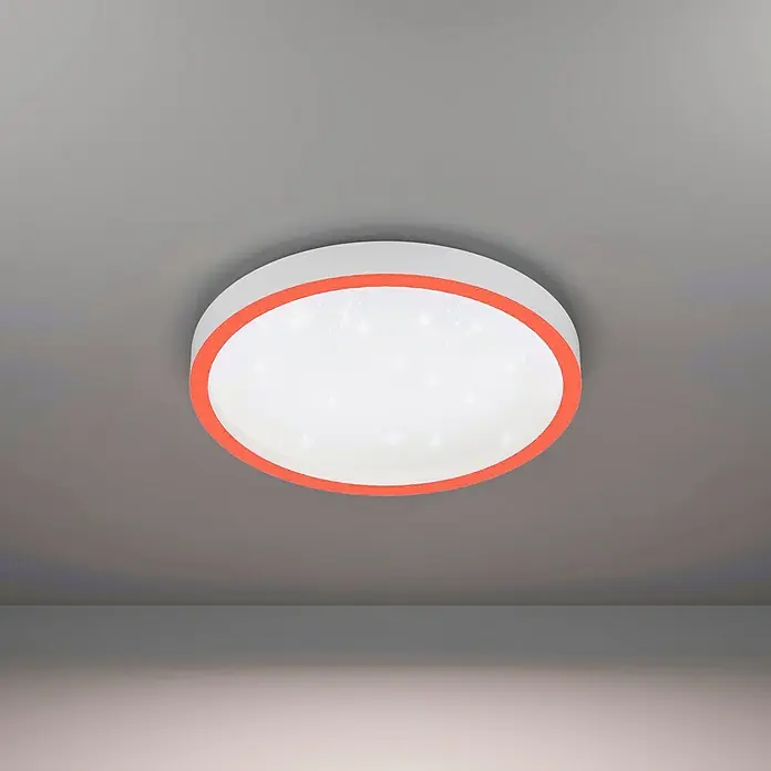 Eglo Smart-LED-Deckenleuchte rund Kristalleffekt - Ø x H: 42 x 5 cm, 17,8 W, RGBW - Moderne Deckenleuchte mit weißem Lampenschirm und rotem Rand, die ein sanftes, stimmungsvolles Licht erzeugt. Perfekt für Wohn- und Schlafräume.