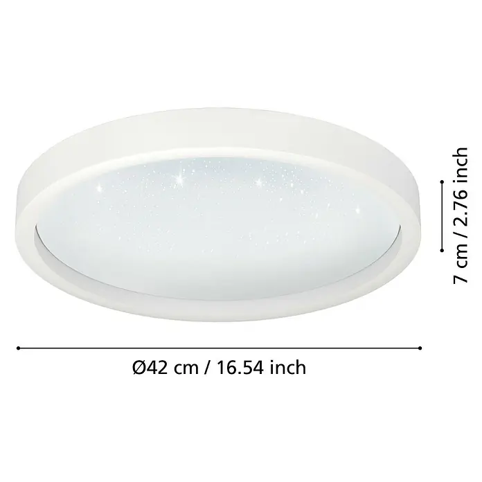 Eglo Smart-LED-Deckenleuchte rund Kristalleffekt - Ø x H: 42 x 5 cm, 17,8 W, RGBW - Nahaufnahme einer weißen LED-Deckenleuchte mit Sternenhimmel-Effekt und Maßangaben.