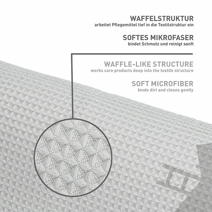 Nigrin Performance Mikrofasertuch Polster - 40 x 40 cm, Hellblau - Nahaufnahme eines weißen Mikrofasertuchs mit Waffelstruktur, das Schmutz bindet und sanft reinigt.
