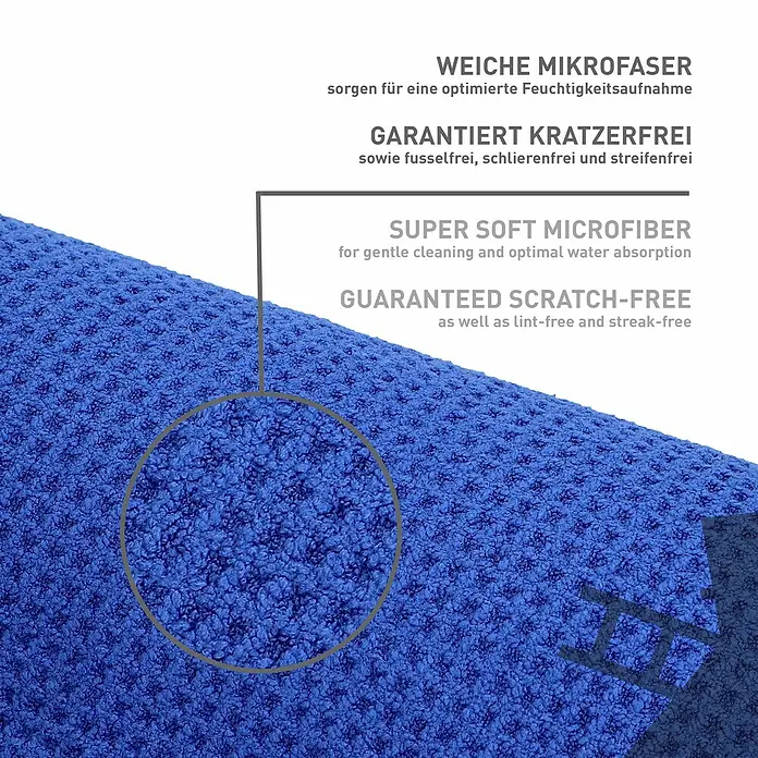 Nigrin Performance Trockentuch - 70 x 50 cm, Mikrofaser - Nahaufnahme eines blauen Mikrofasertuchs, das weich, kratzfrei und saugfähig ist und sich ideal für die Reinigung eignet.