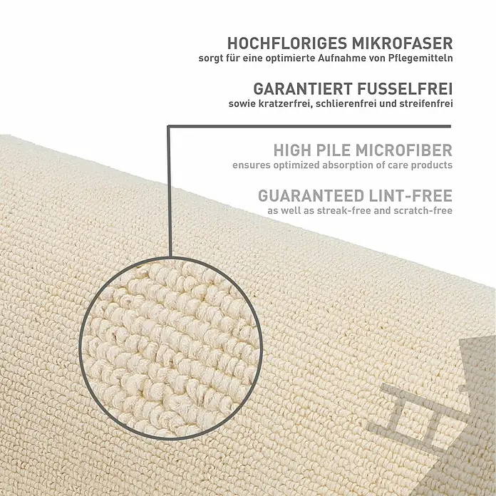 Nigrin Performance Mikrofasertuch - 40 x 40 cm, Gelblich - Nahaufnahme eines hochflorigen Mikrofaser Reinigungstuchs, das eine optimierte Aufnahme von Pflegemitteln und fusselfreie Reinigung garantiert.