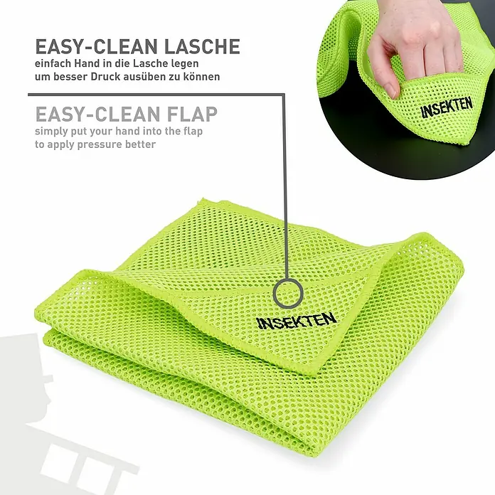 Nigrin Performance Mikrofasertuch Insekten - 40 x 40 cm, Hellgrün - Darstellung des Easy-Clean Insektenputztuchs mit Lasche zum Reinigen von Insektenverschmutzungen auf Oberflächen.