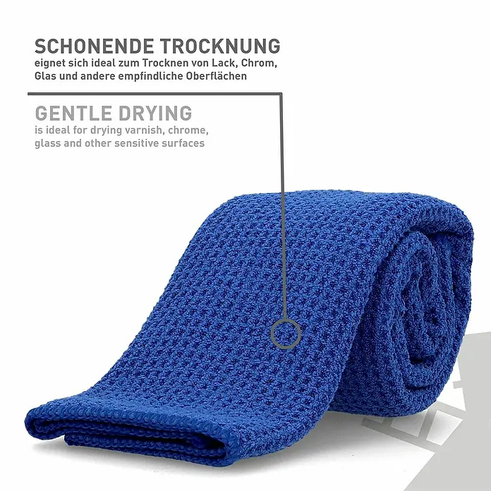 Nigrin Performance Trockentuch - 70 x 50 cm, Mikrofaser - Blaues Trockentuch mit Waffelstruktur, ideal für empfindliche Oberflächen wie Lack und Chrom, für schonende Trocknung.