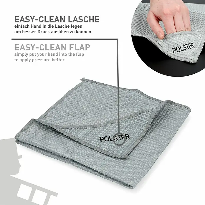 Nigrin Performance Mikrofasertuch Polster - 40 x 40 cm, Hellblau - Das Bild zeigt ein graues Polster-Reinigungstuch mit einer Lasche für besseren Druck, beworben mit "Easy-Clean Lasche/Flap".