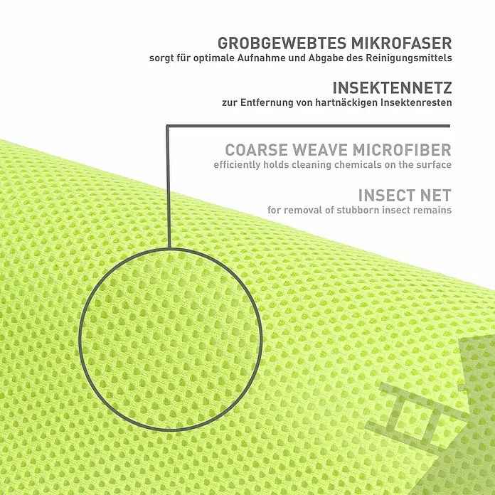 Nigrin Performance Mikrofasertuch Insekten - 40 x 40 cm, Hellgrün - Nahaufnahme eines Reinigungstuchs mit grobem Mikrofasergewebe und Insektennetz für optimale Reinigung und Insektenentfernung.