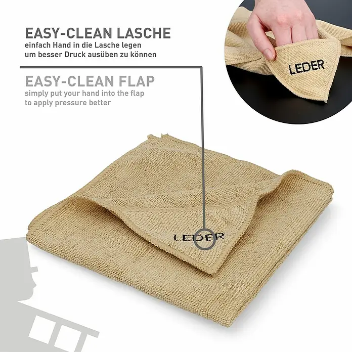Nigrin Performance Mikrofasertuch - 40 x 40 cm, Gelblich - Detailaufnahme eines beigen Reinigungstuchs mit Einschublasche und dem Schriftzug "LEDER".