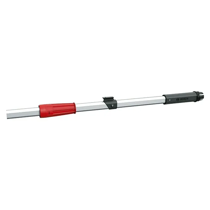 Bosch Power for All 18V Griffverlängerung - Passend für: Bosch Power for All 18V Akku-Gartenschere AdvancedPrune 18V-45 - Eine Teleskopstange von Bosch, die in Silber und Schwarz gehalten ist, mit einem roten Griffstück. Ideal für Arbeiten in der Höhe.