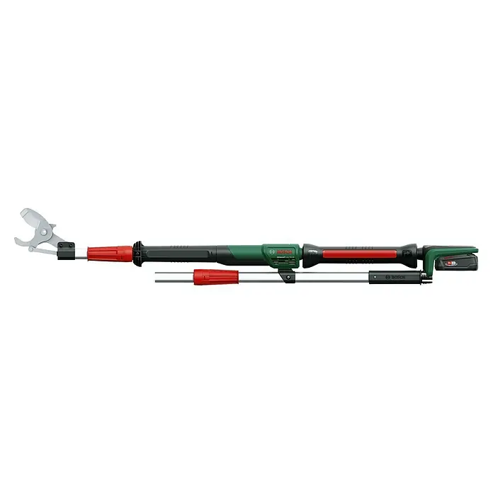 Bosch Power for All 18V Akku-Gartenschere AdvancedPrune 18V-45 mit Verlängerungsstange - 18 V, Li-Ionen, 1 Akku, Max. Aststärke: 45 mm - Bosch Akku-Stangenschneider mit grünen und roten Akzenten, ein praktisches Werkzeug für den Garten.