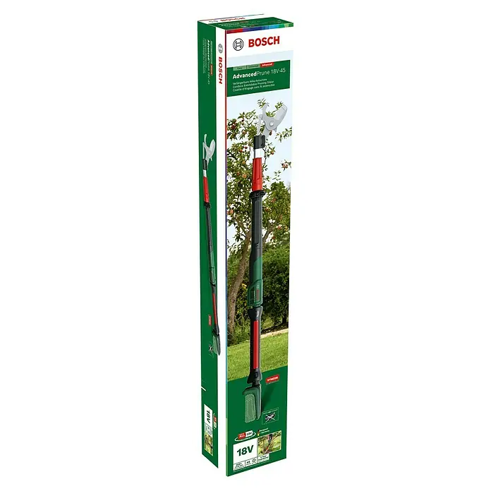 Bosch Power for All 18V Akku-Gartenschere AdvancedPrune 18V-45 - 18 V, Li-Ionen, Ohne Akku, Max. Aststärke: 45 mm - Bosch AdvancedPrune 18V-45 Akku-Astschere mit Teleskopstiel. Perfekt zum mühelosen Schneiden von Ästen in großer Höhe im Garten.