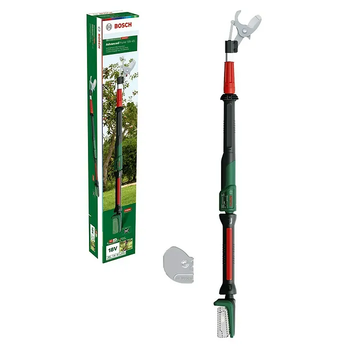 Bosch Power for All 18V Akku-Gartenschere AdvancedPrune 18V-45 - 18 V, Li-Ionen, Ohne Akku, Max. Aststärke: 45 mm - Das Bild zeigt eine Bosch AdvancedPrune 18V-45 Akku-Astschere mit Teleskopstiel und Verpackung. Ideal zum mühelosen Beschneiden von Ästen.