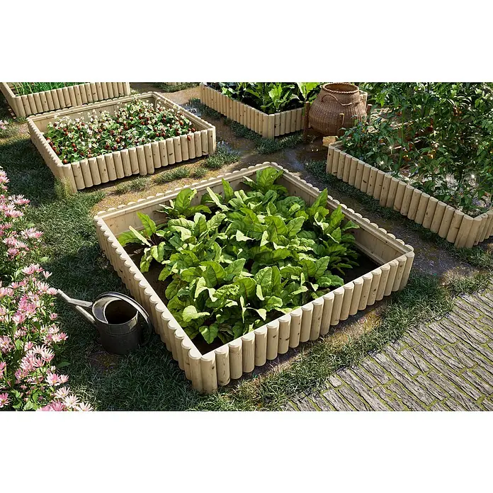 Joda Beeteinfassung - 60 x 30 cm - Holz-Hochbeet mit Pflanzen und dekorativem Beetrand aus Rundhölzern, ideal für den Garten oder die Terrasse. Praktisch und attraktiv.