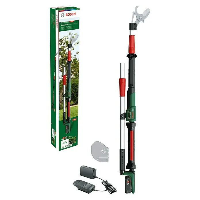 Bosch Power for All 18V Akku-Gartenschere AdvancedPrune 18V-45 mit Verlängerungsstange - 18 V, Li-Ionen, 1 Akku, Max. Aststärke: 45 mm - Abbildung einer Bosch Advanced Prune 18V-45 Akku-Astschere mit Verlängerungsstiel, Akku und Ladegerät, ideal für Baumschnitt.
