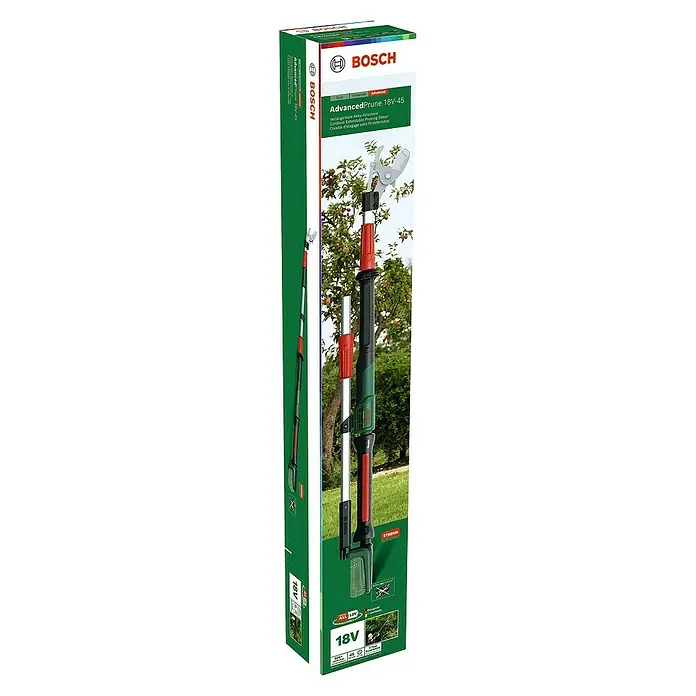 Bosch Power for All 18V Akku-Gartenschere AdvancedPrune 18V-45 mit Verlängerungsstange - 18 V, Li-Ionen, Ohne Akku, Max. Aststärke: 45 mm - Bild einer Verpackung der Bosch AdvancedPrune 18V-45 Akku-Astschere mit Teleskopstiel, ideal zum Beschneiden von Bäumen und Sträuchern.