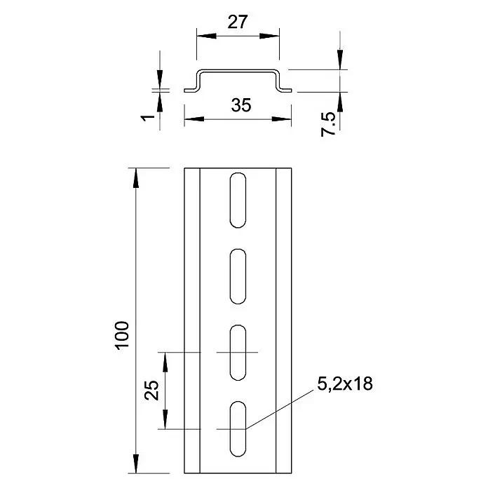 DIN-Trageschiene - Metall, 210 x 35 x 7,5 mm - Technische Zeichnung: U-Profil mit Maßen (35mm Breite, 7.5mm Höhe, 1mm Dicke) und Langlöchern (5.2x18mm) im Abstand von 25mm.