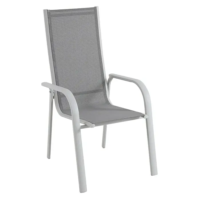 Sunfun Hannah Silla de jardín - 69 x 59 x 110 cm, Gris, Apilable - Elegante silla de jardín blanca con reposabrazos y tejido gris transpirable. Perfecta para momentos de relax al aire libre.