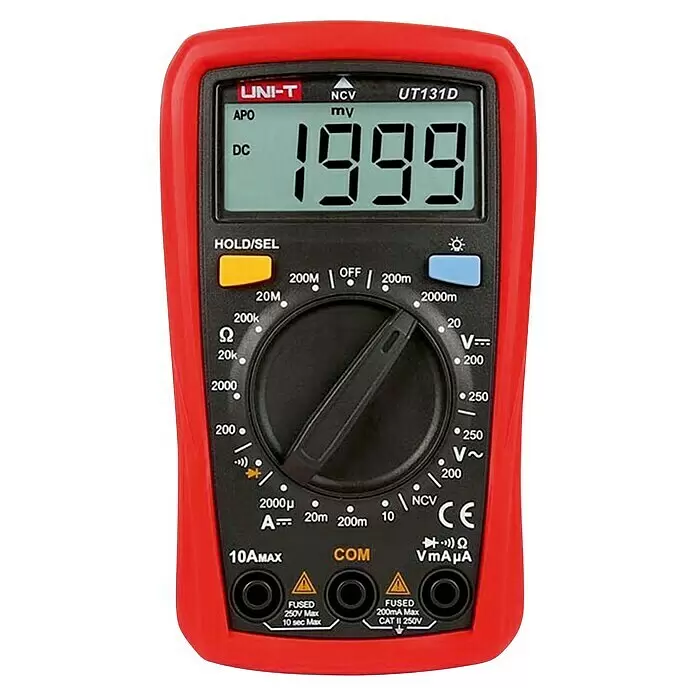 Multímetro digital UT131D - Rango de medición tensión alterna: 200 V - 250 V - Multímetro digital rojo (UNI-T UT131D) con pantalla "1999" y dial selector grande para medir voltaje, corriente y resistencia.