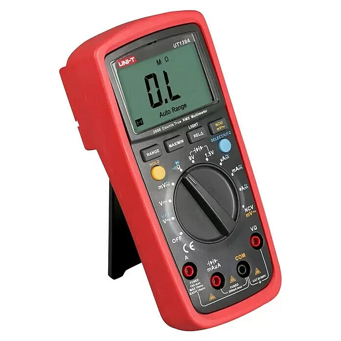 Multímetro digital UT139A - Rango de medición tensión alterna: 2 V - 600 V - Multímetro digital rojo y negro, la pantalla muestra "O.L" en modo MΩ, configurado en rango automático, con botones de función y tomas de entrada.