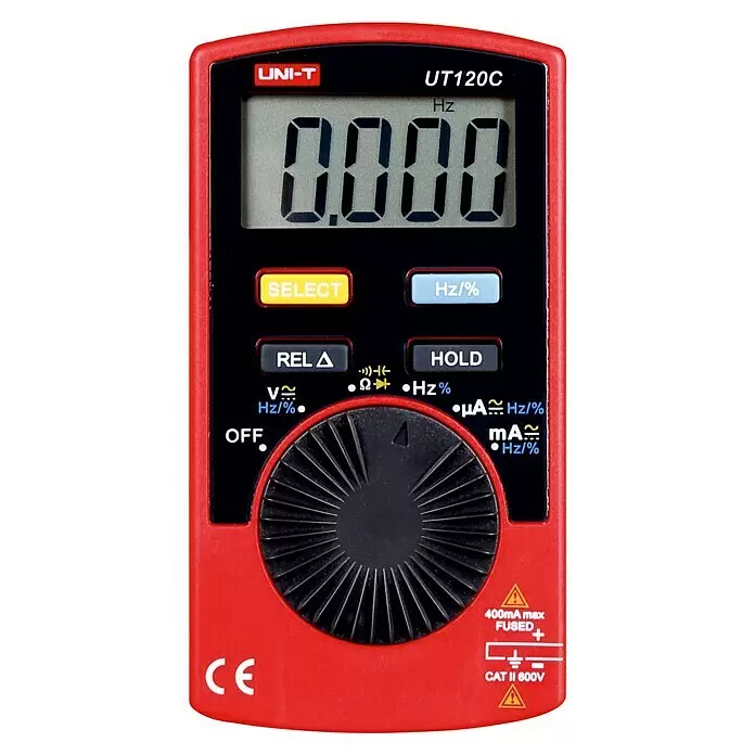 Multímetro digital UT120C - Rango de medición tensión alterna: 4 V - 600 V - Multímetro digital UNI-T UT120C rojo y negro con pantalla "0.000 Hz", botones de función y un gran interruptor giratorio.