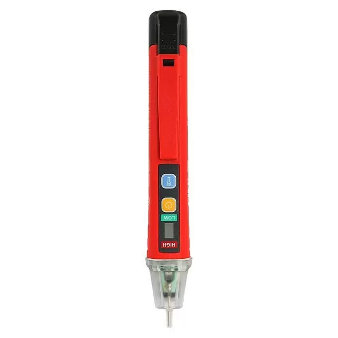 Detector de tensión AC UT12D - Sensor de voltios - Probador de voltaje sin contacto rojo con clip superior negro, botones de control y punta transparente que indica sensibilidad baja/alta.
