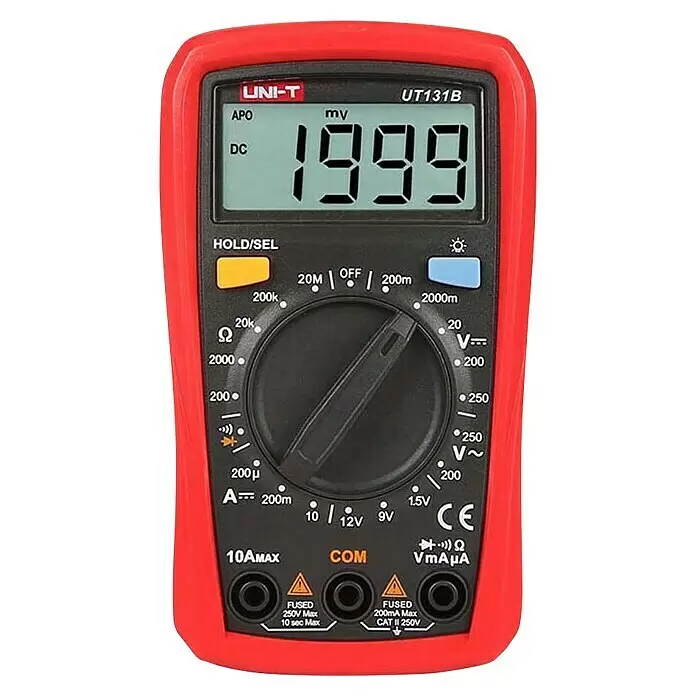 Multímetro digital UT131B - Rango de medición tensión alterna: 20 V - 250 V - Multímetro digital rojo y negro (Uni-T UT131B) con pantalla que muestra 1999 mV, utilizado para medir parámetros eléctricos.