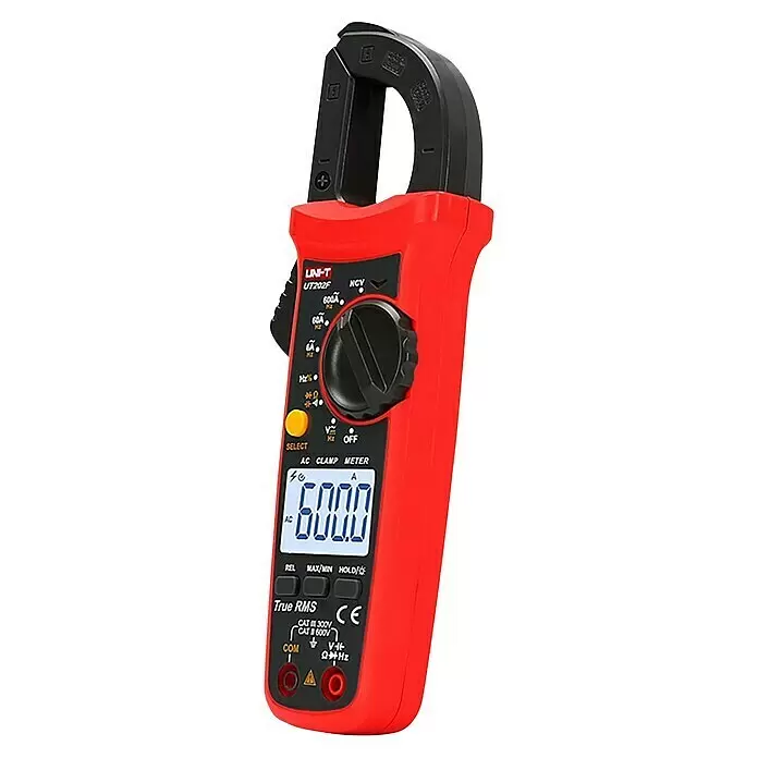 Multímetro abrazadera digital - Control de continuidad - Pinza amperimétrica AC UNI-T UT202F roja y negra con pantalla digital que muestra 600,0 A.